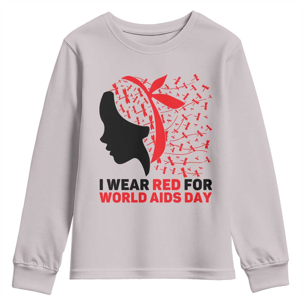 I Wear Red For World AIDS Day Youth Sweatshirt HIV Awareness Dragonfly Support Gift - Wonder Print Shop