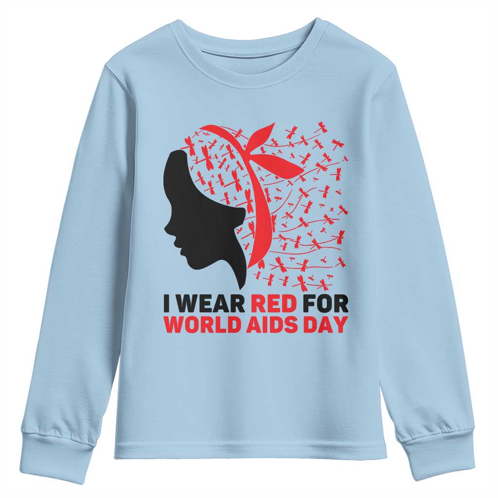 I Wear Red For World AIDS Day Youth Sweatshirt HIV Awareness Dragonfly Support Gift - Wonder Print Shop