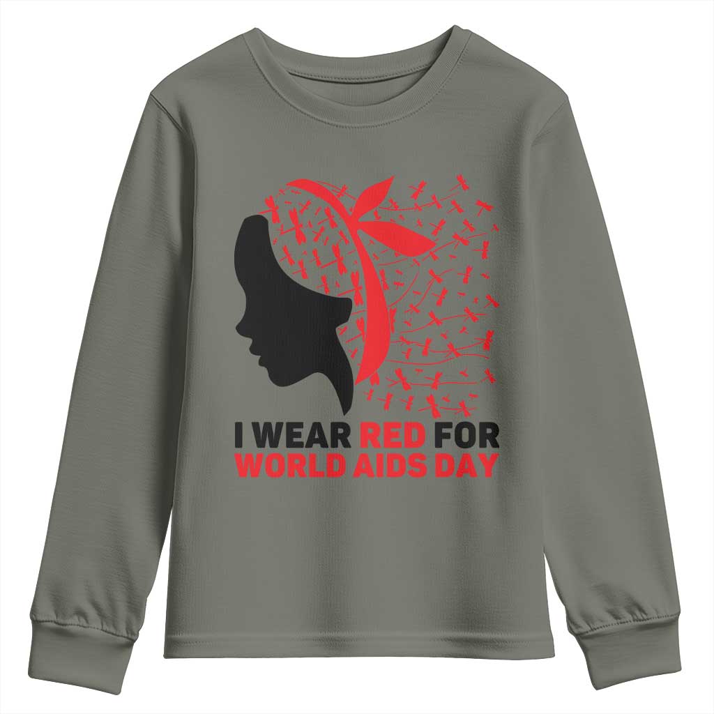 I Wear Red For World AIDS Day Youth Sweatshirt HIV Awareness Dragonfly Support Gift - Wonder Print Shop