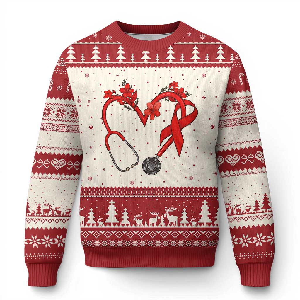 Healthcare Hero HIV Awareness Ugly Christmas Sweater Red Ribbon Support Gift - Wonder Print Shop