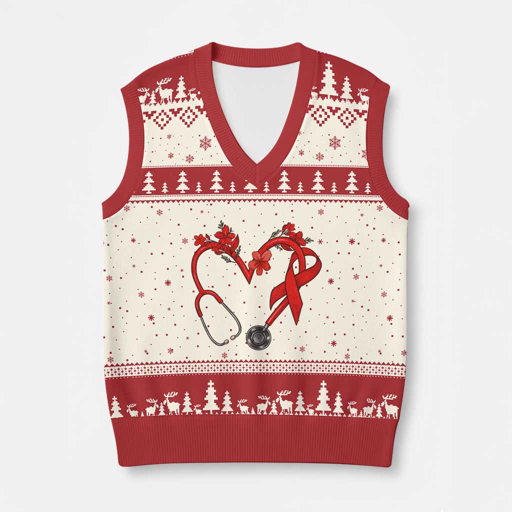Healthcare Hero HIV Awareness V-Neck Knit Sweater Vest Red Ribbon Support Gift - Wonder Print Shop