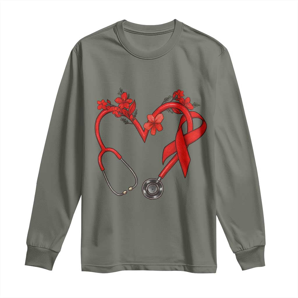 Healthcare Hero HIV Awareness Long Sleeve Shirt Red Ribbon Support Gift - Wonder Print Shop