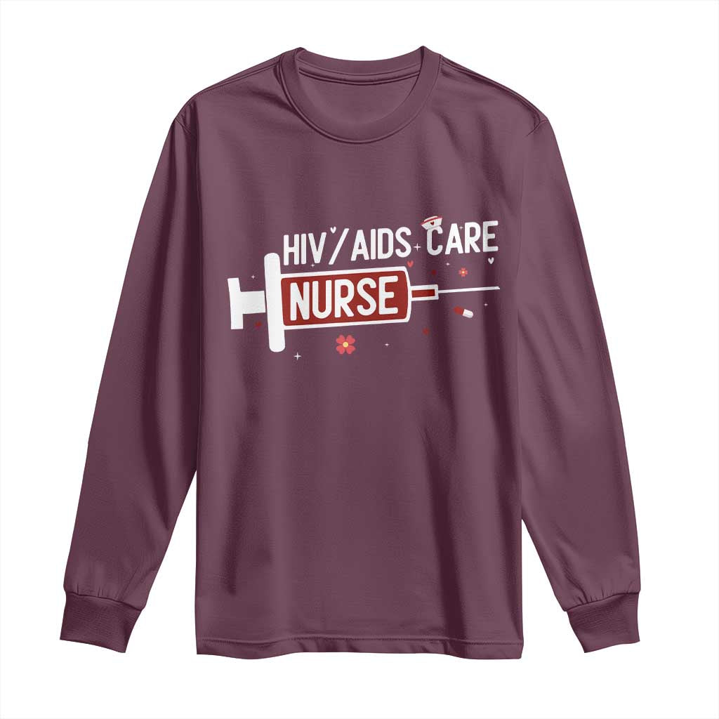 HIV AIDS Care Nurse Long Sleeve Shirt Red Ribbon Support Gift - Wonder Print Shop