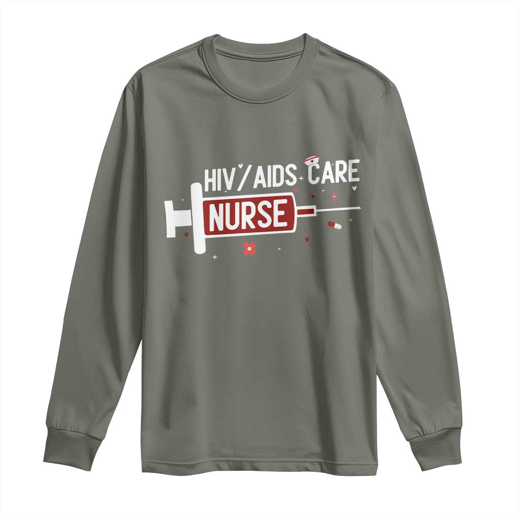 HIV AIDS Care Nurse Long Sleeve Shirt Red Ribbon Support Gift - Wonder Print Shop