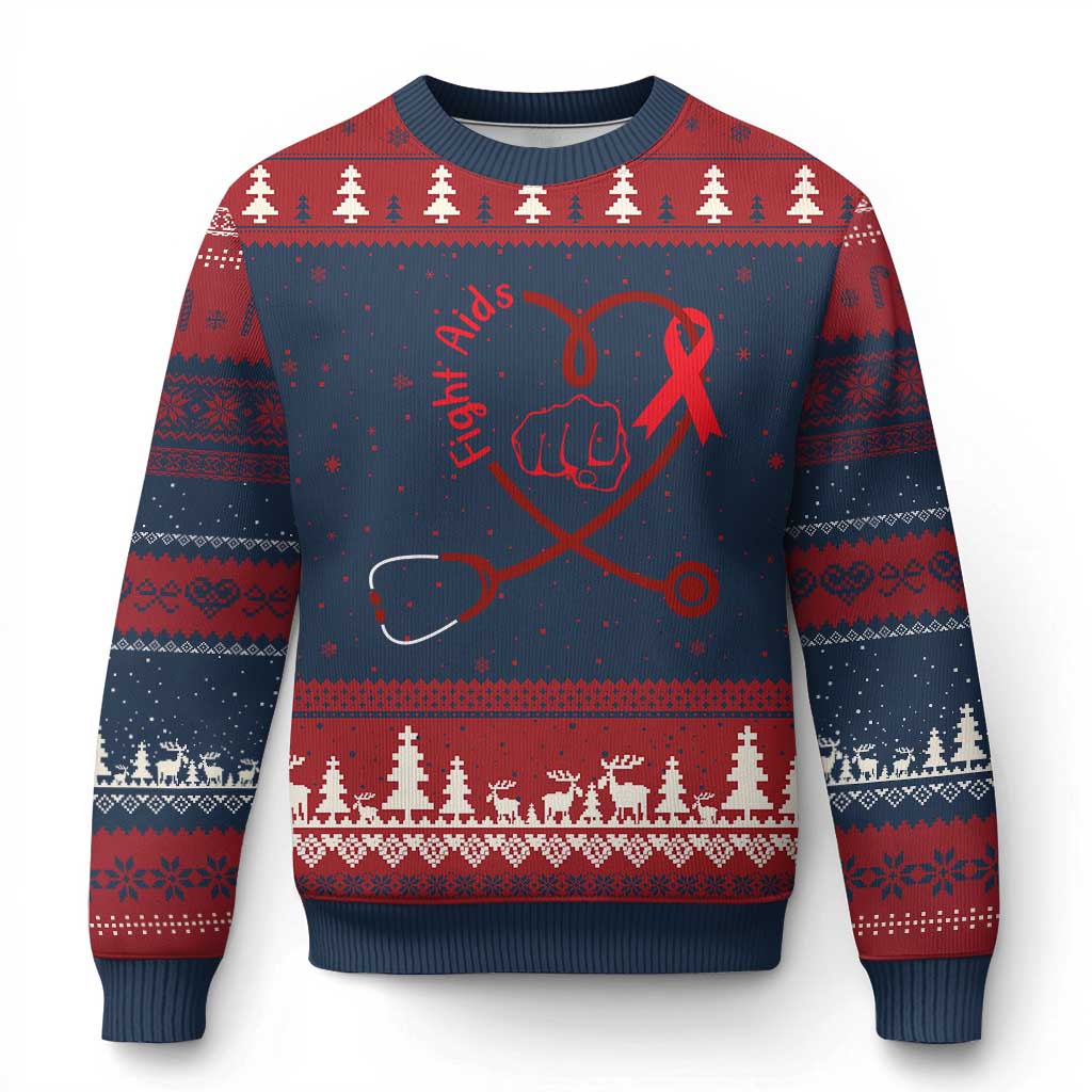 Fight AIDS Nurse Ugly Christmas Sweater Red Ribbon HIV Awareness Gift - Wonder Print Shop