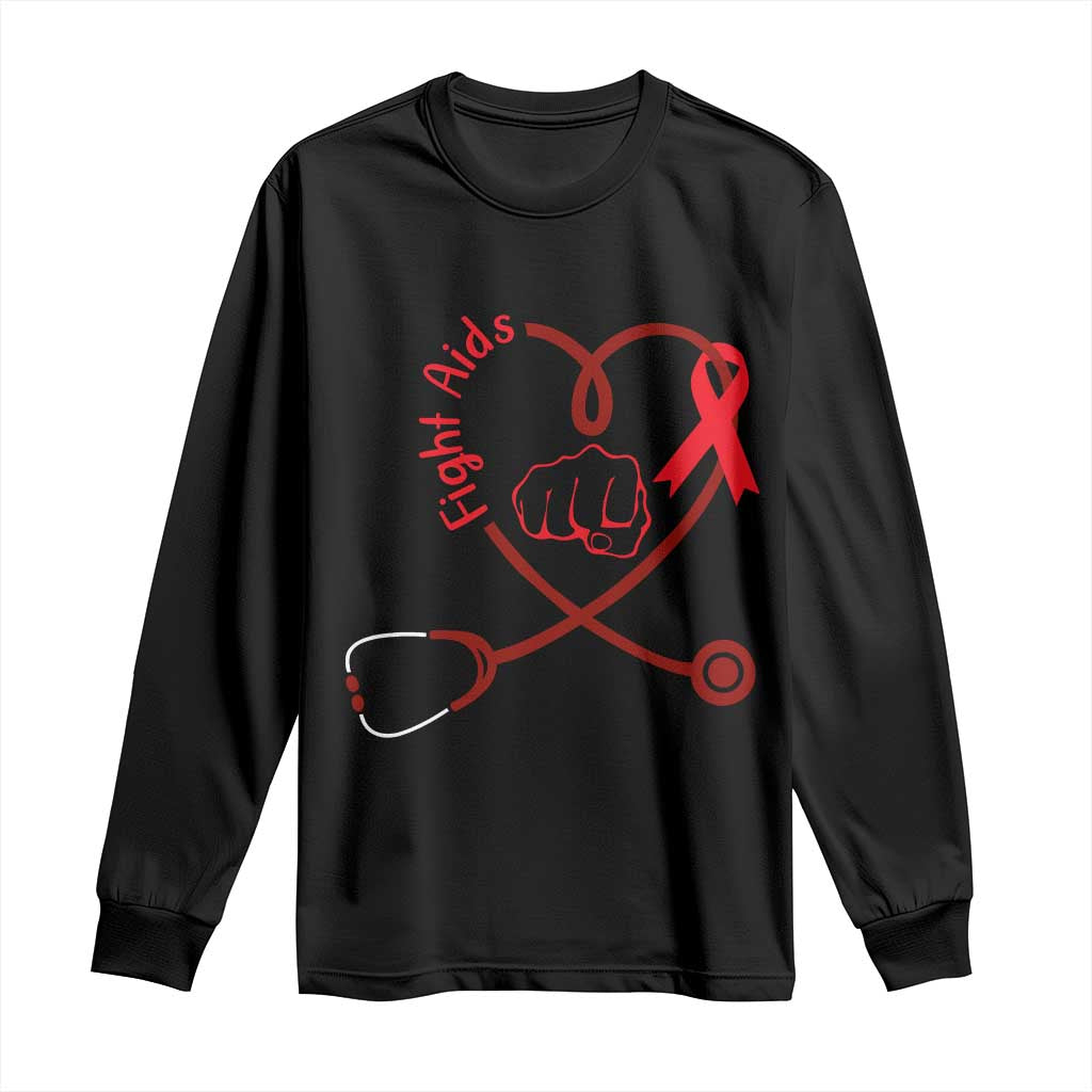 Fight AIDS Nurse Long Sleeve Shirt Red Ribbon HIV Awareness Gift - Wonder Print Shop