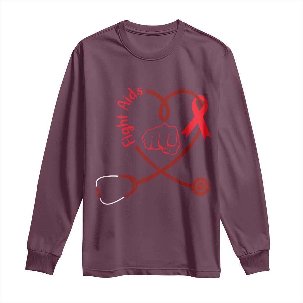 Fight AIDS Nurse Long Sleeve Shirt Red Ribbon HIV Awareness Gift - Wonder Print Shop