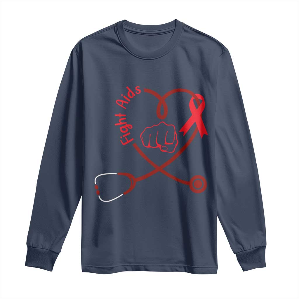 Fight AIDS Nurse Long Sleeve Shirt Red Ribbon HIV Awareness Gift - Wonder Print Shop