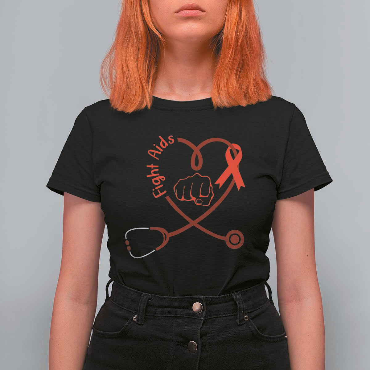 Fight AIDS Nurse T Shirt For Women Red Ribbon HIV Awareness Gift - Wonder Print Shop