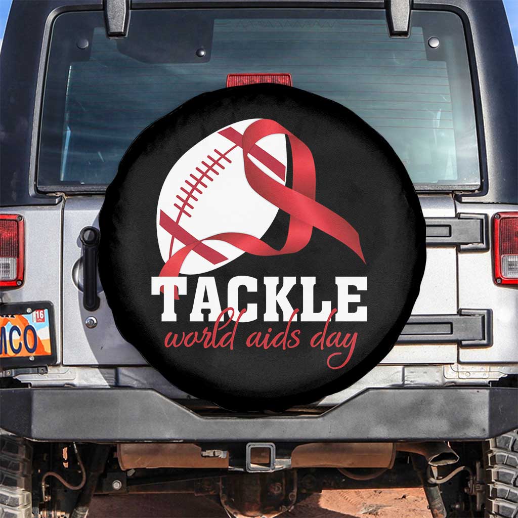 Tackle World AIDS Day Spare Tire Cover Red Ribbon Football Awareness Gift - Wonder Print Shop