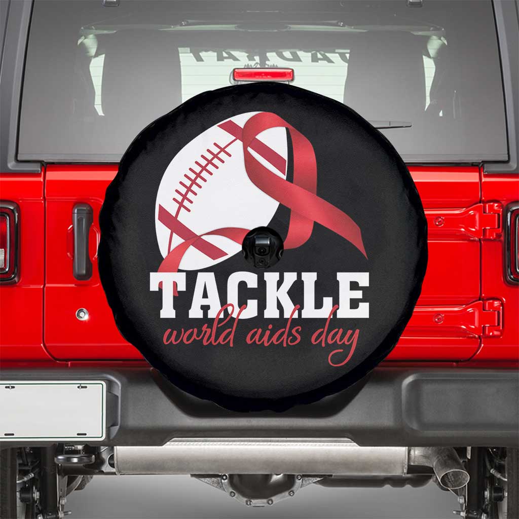 Tackle World AIDS Day Spare Tire Cover Red Ribbon Football Awareness Gift - Wonder Print Shop