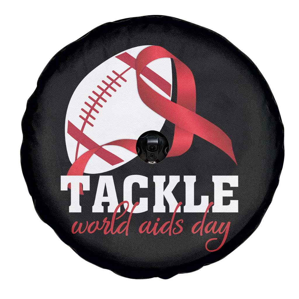 Tackle World AIDS Day Spare Tire Cover Red Ribbon Football Awareness Gift - Wonder Print Shop