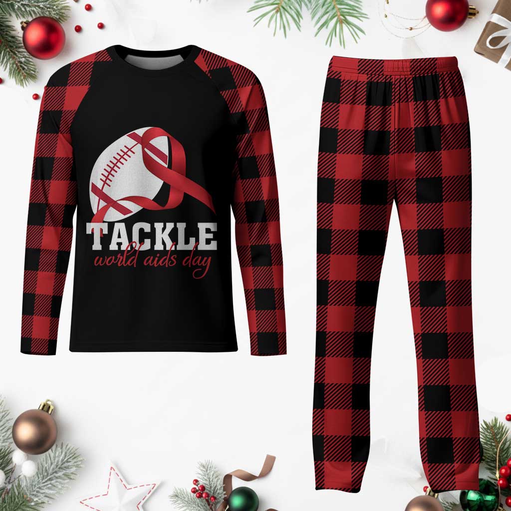 Tackle World AIDS Day Plaid Pajama Set Red Ribbon Football Awareness Gift - Wonder Print Shop