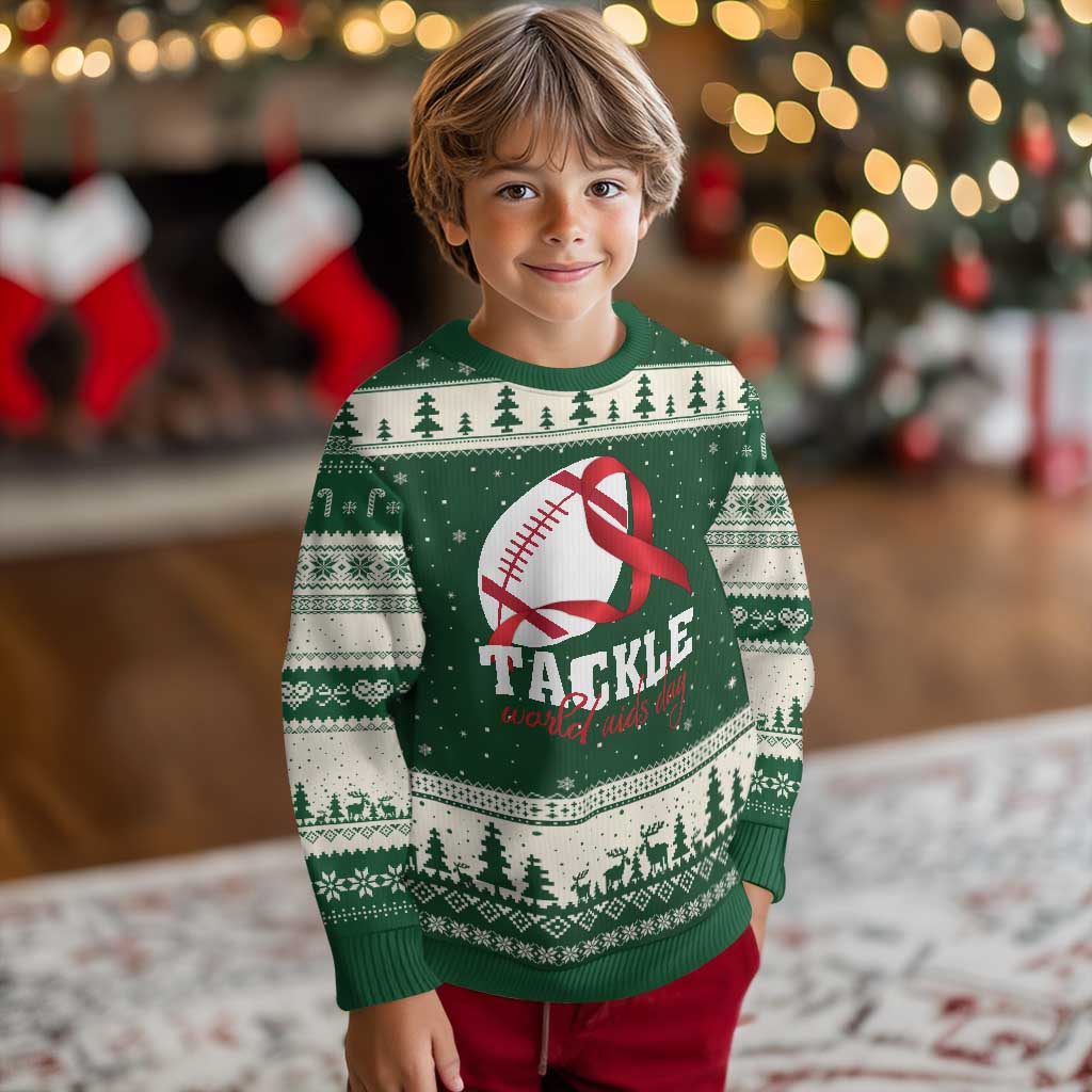 Tackle World AIDS Day Ugly Christmas Sweater Red Ribbon Football Awareness Gift - Wonder Print Shop