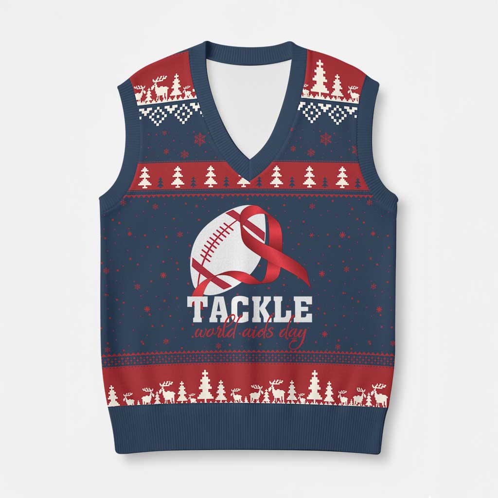 Tackle World AIDS Day V-Neck Knit Sweater Vest Red Ribbon Football Awareness Gift - Wonder Print Shop
