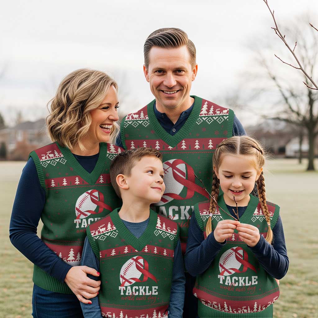 Tackle World AIDS Day V-Neck Knit Sweater Vest Red Ribbon Football Awareness Gift - Wonder Print Shop