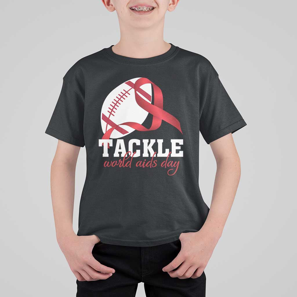 Tackle World AIDS Day T Shirt For Kid Red Ribbon Football Awareness Gift - Wonder Print Shop