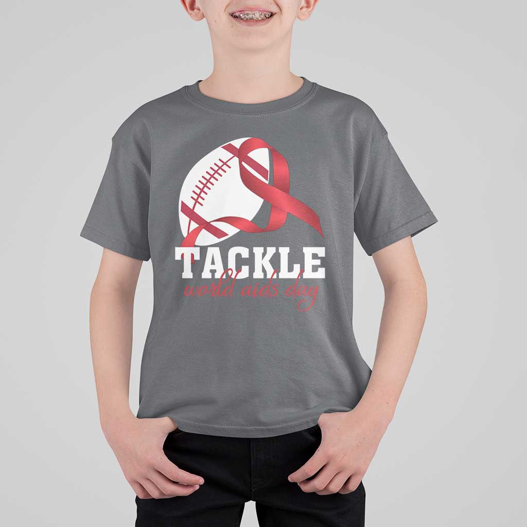 Tackle World AIDS Day T Shirt For Kid Red Ribbon Football Awareness Gift - Wonder Print Shop