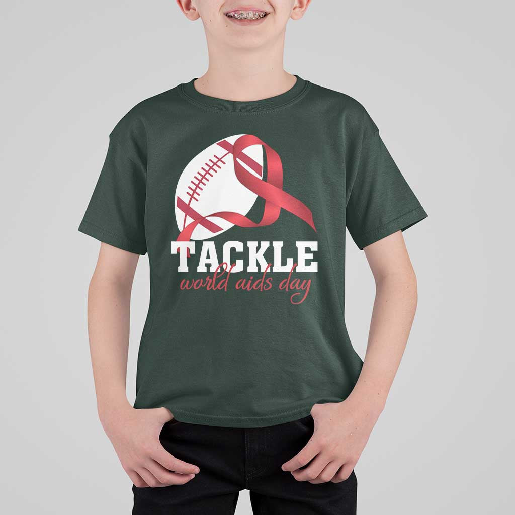 Tackle World AIDS Day T Shirt For Kid Red Ribbon Football Awareness Gift - Wonder Print Shop