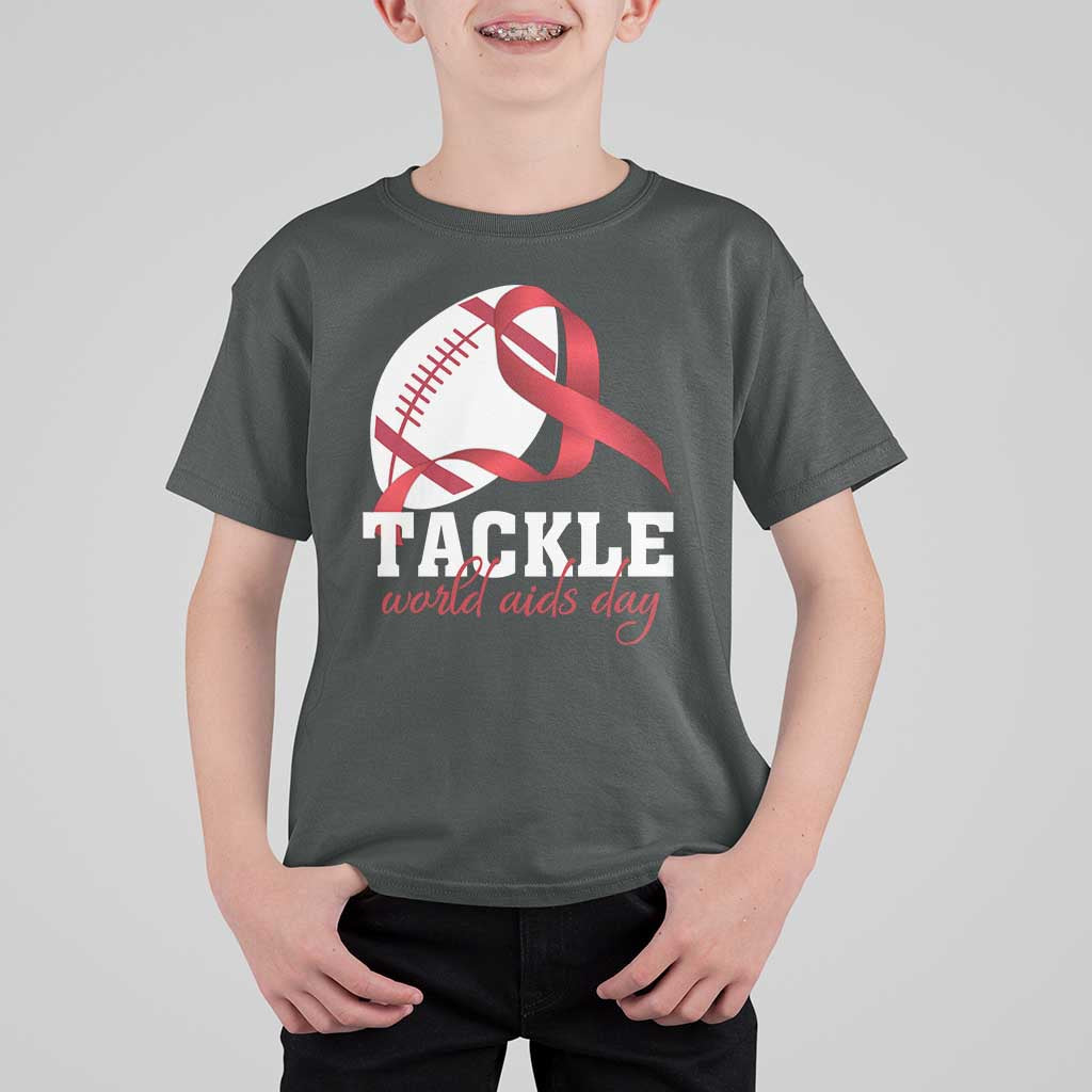 Tackle World AIDS Day T Shirt For Kid Red Ribbon Football Awareness Gift - Wonder Print Shop