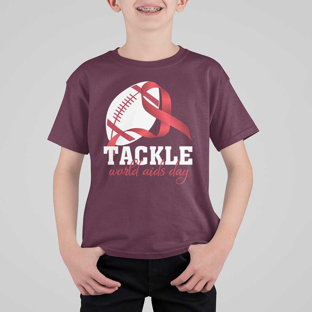 Tackle World AIDS Day T Shirt For Kid Red Ribbon Football Awareness Gift - Wonder Print Shop