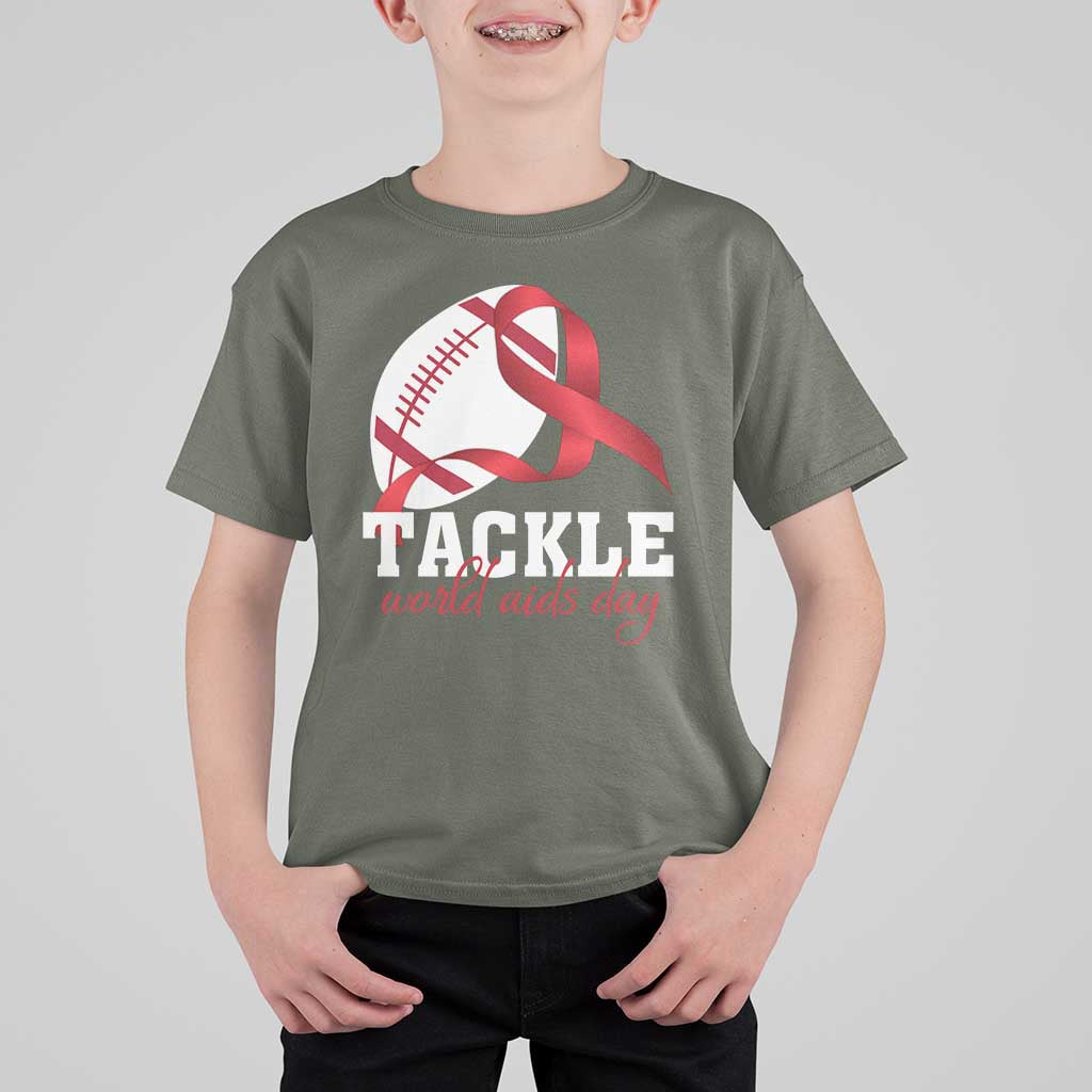 Tackle World AIDS Day T Shirt For Kid Red Ribbon Football Awareness Gift - Wonder Print Shop