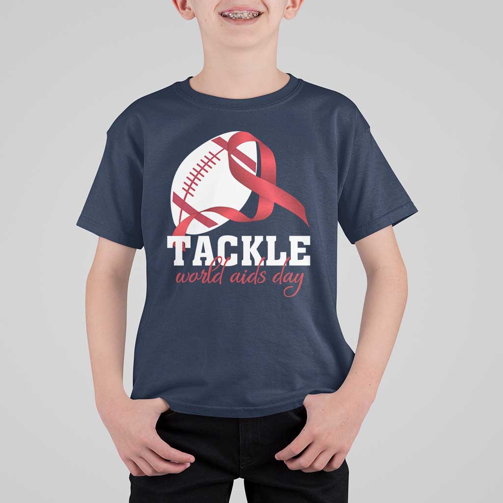 Tackle World AIDS Day T Shirt For Kid Red Ribbon Football Awareness Gift - Wonder Print Shop