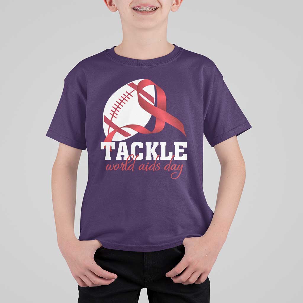 Tackle World AIDS Day T Shirt For Kid Red Ribbon Football Awareness Gift - Wonder Print Shop