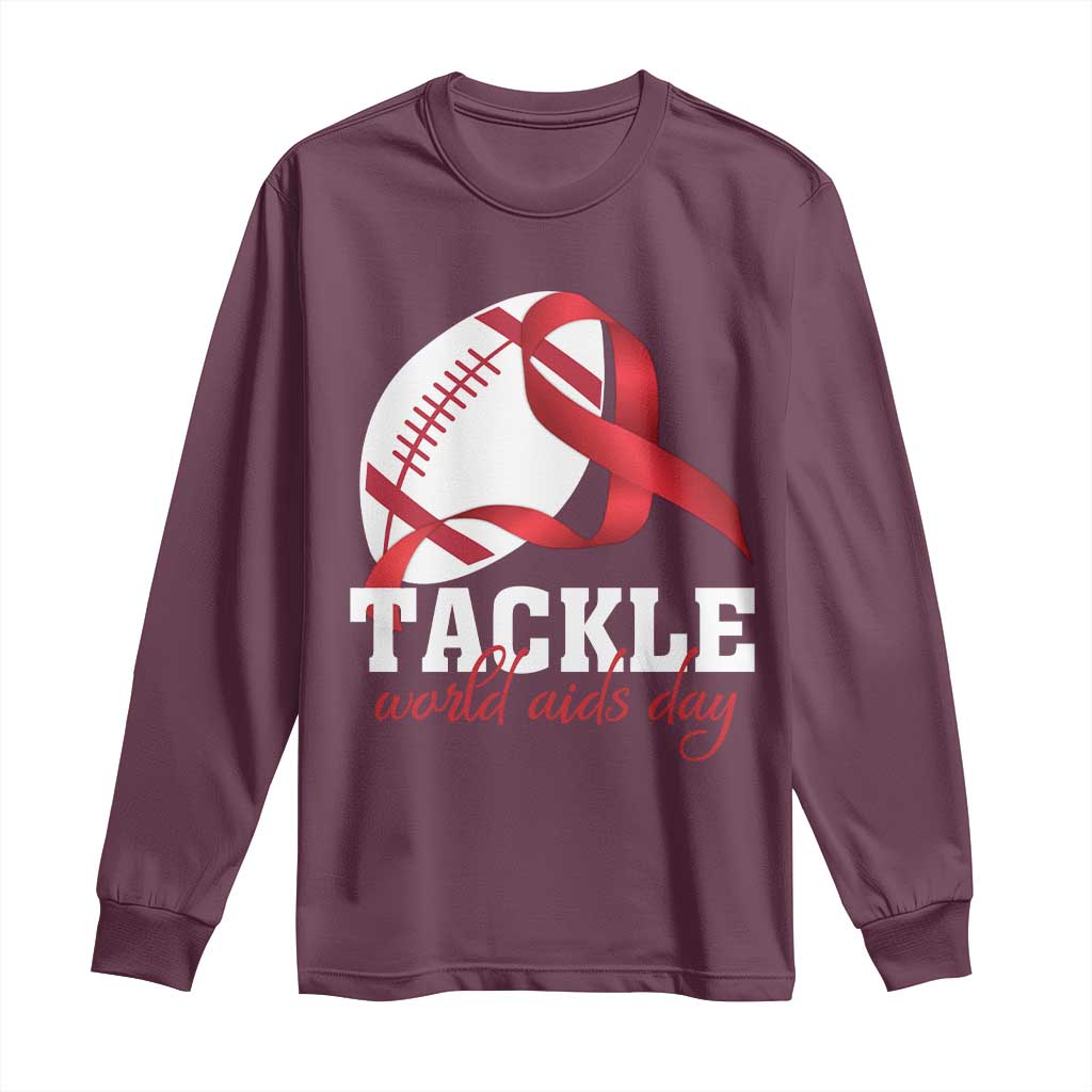 Tackle World AIDS Day Long Sleeve Shirt Red Ribbon Football Awareness Gift - Wonder Print Shop