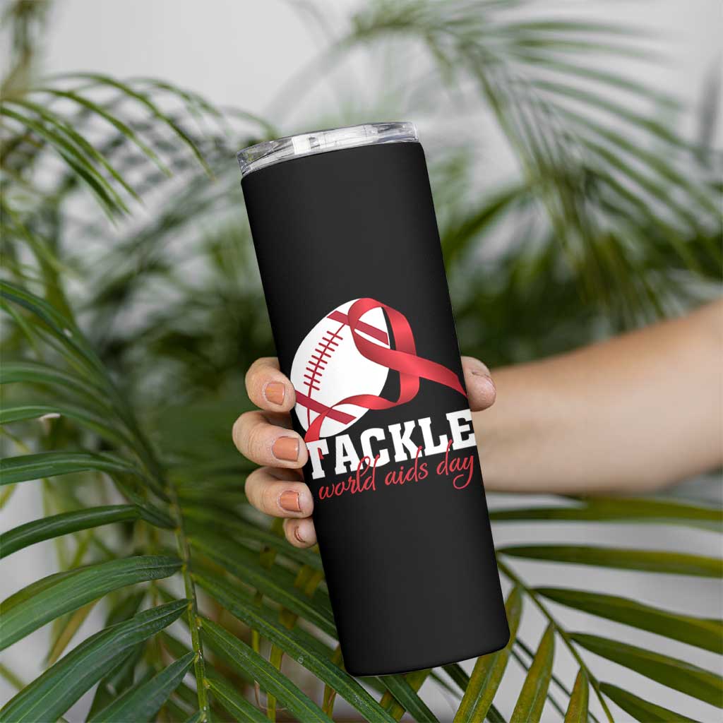 Tackle World AIDS Day Skinny Tumbler Red Ribbon Football Awareness Gift - Wonder Print Shop