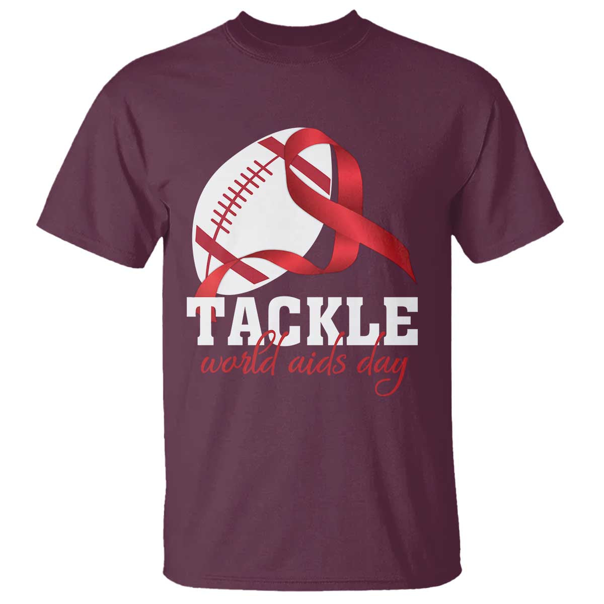 Tackle World AIDS Day T Shirt Red Ribbon Football Awareness Gift - undefined