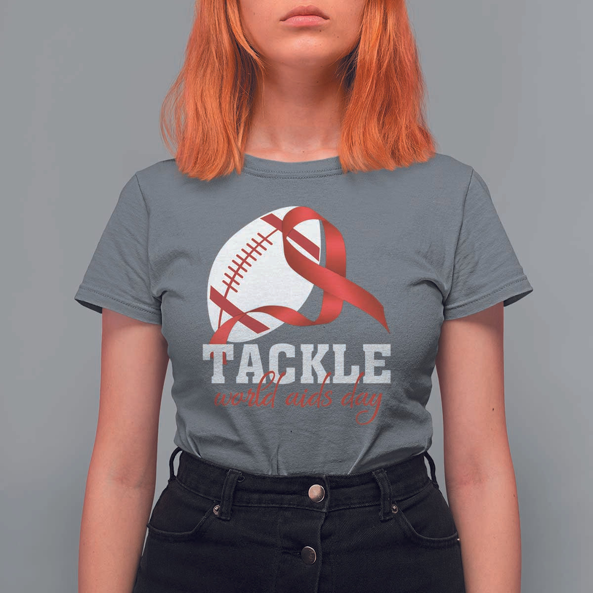 Tackle World AIDS Day T Shirt For Women Red Ribbon Football Awareness Gift - Wonder Print Shop