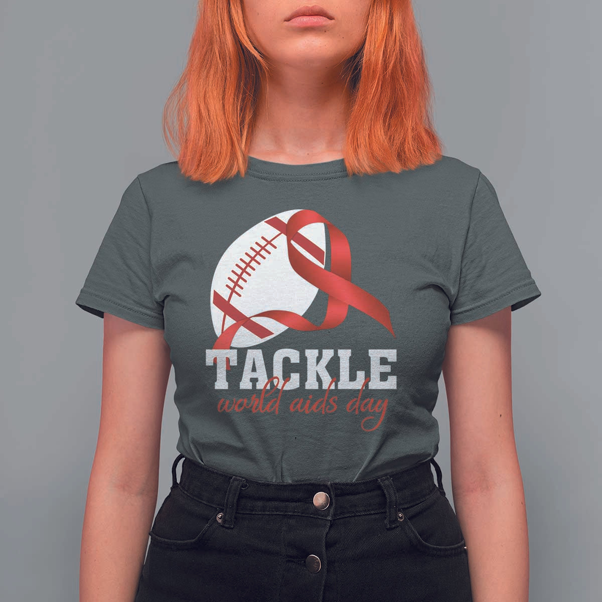 Tackle World AIDS Day T Shirt For Women Red Ribbon Football Awareness Gift - Wonder Print Shop