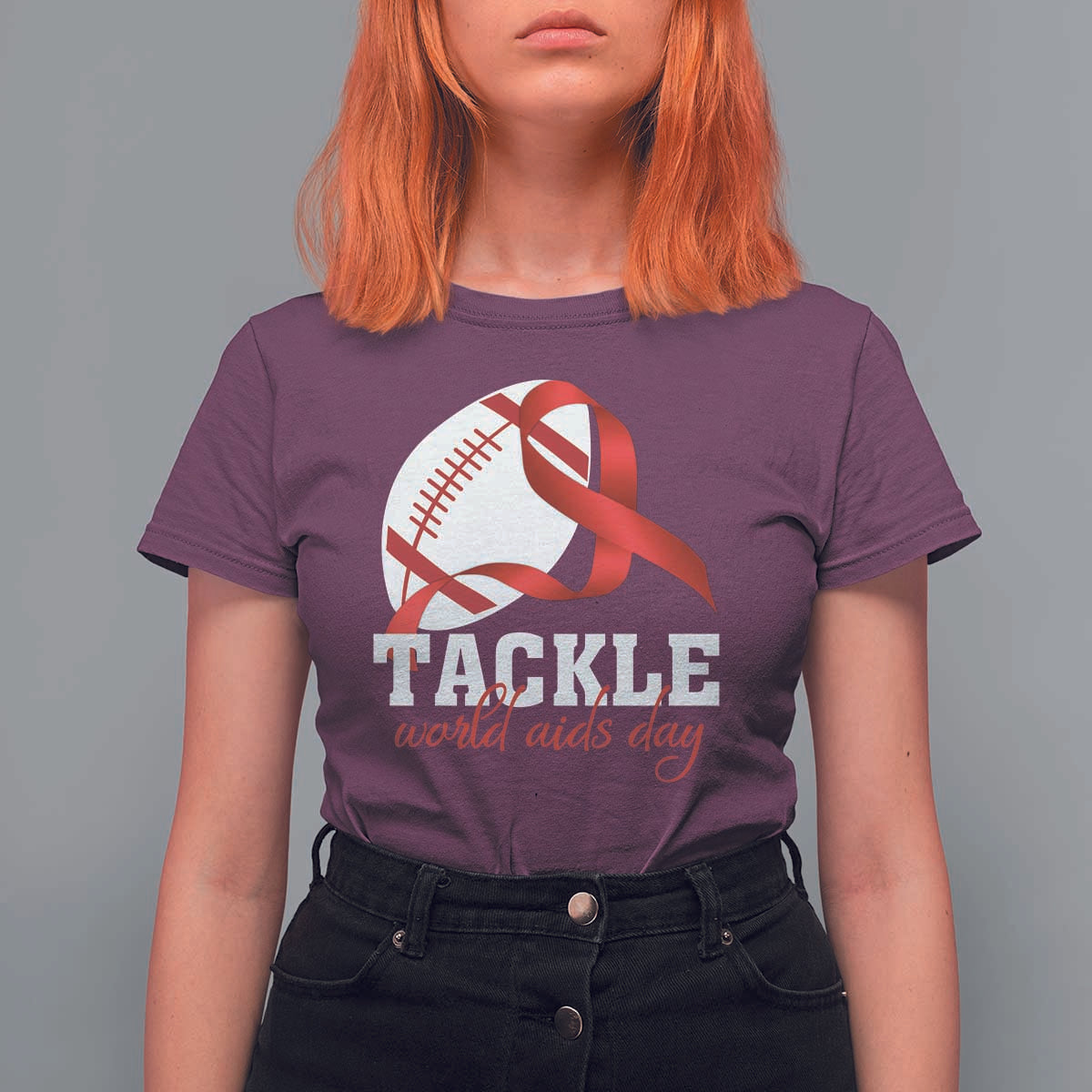 Tackle World AIDS Day T Shirt For Women Red Ribbon Football Awareness Gift - Wonder Print Shop