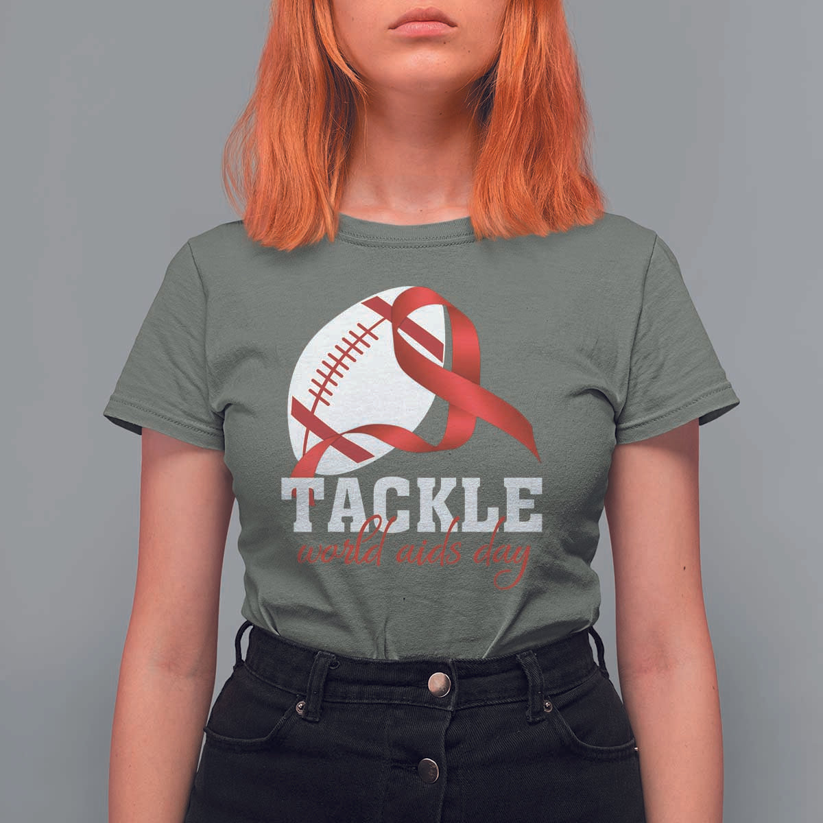Tackle World AIDS Day T Shirt For Women Red Ribbon Football Awareness Gift - Wonder Print Shop
