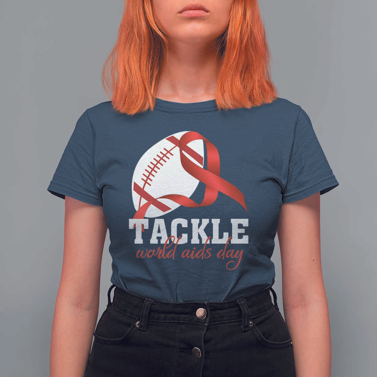 Tackle World AIDS Day T Shirt For Women Red Ribbon Football Awareness Gift - Wonder Print Shop