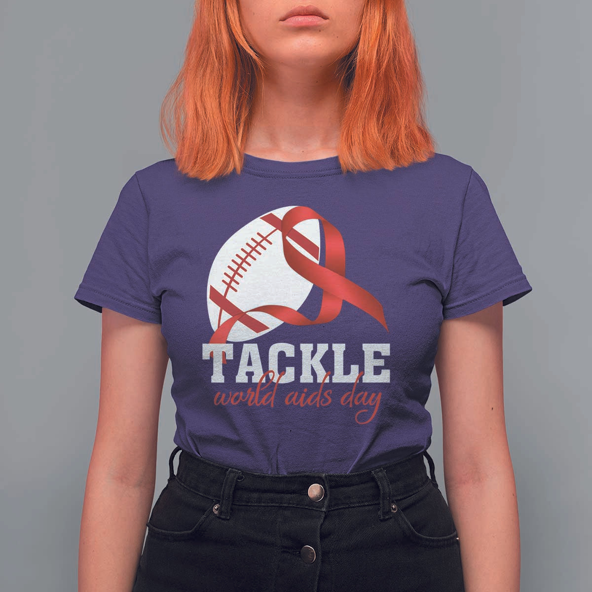 Tackle World AIDS Day T Shirt For Women Red Ribbon Football Awareness Gift - Wonder Print Shop