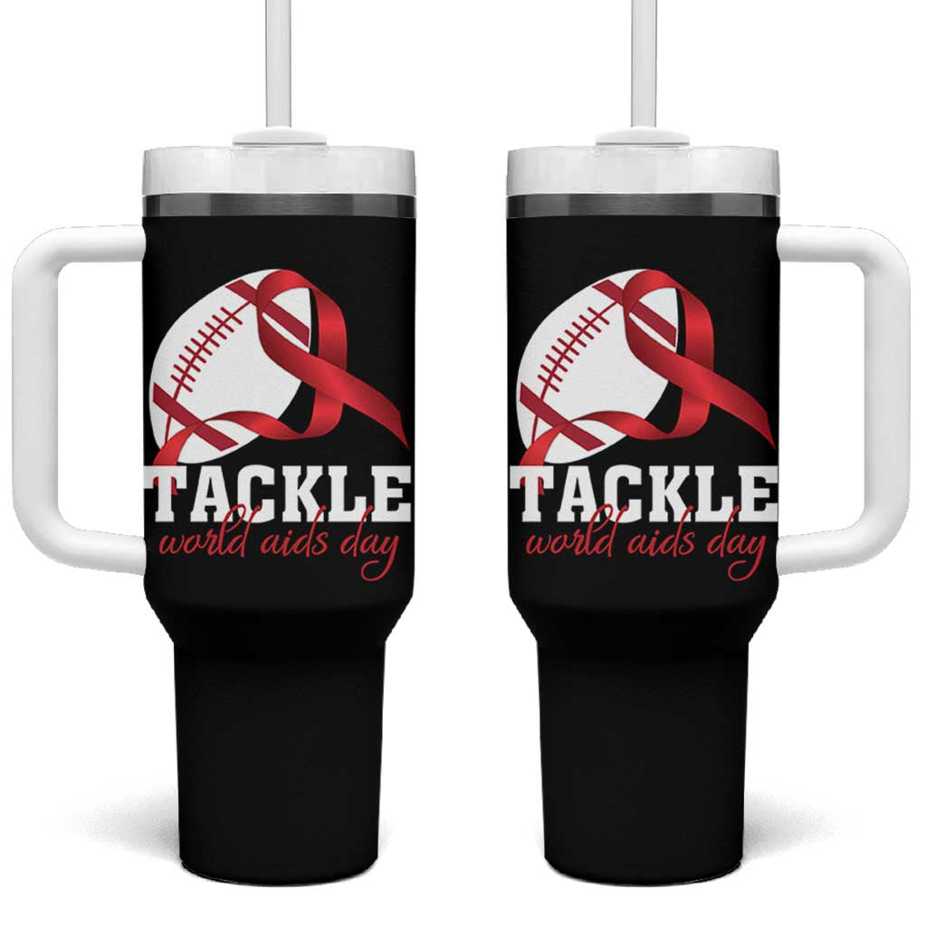 Tackle World AIDS Day Tumbler With Handle Red Ribbon Football Awareness Gift - Wonder Print Shop