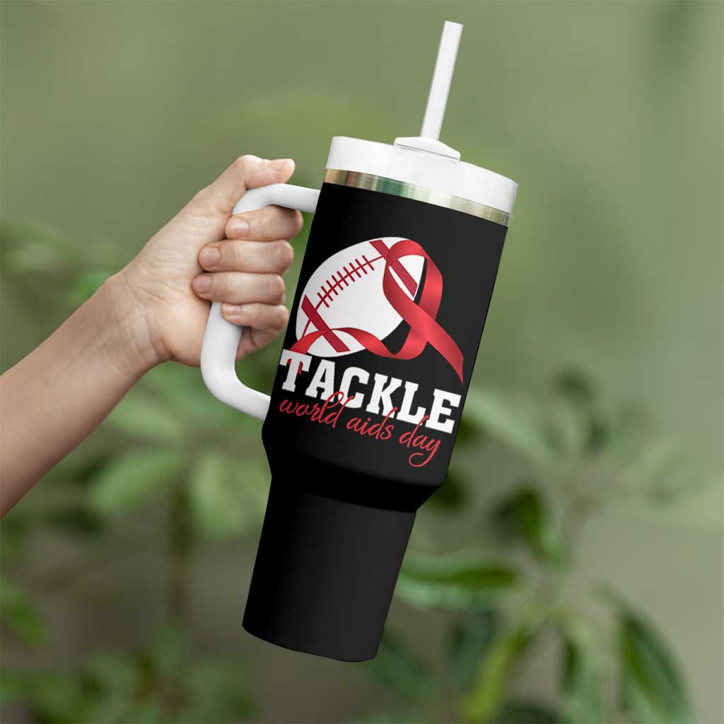 Tackle World AIDS Day Tumbler With Handle Red Ribbon Football Awareness Gift - Wonder Print Shop