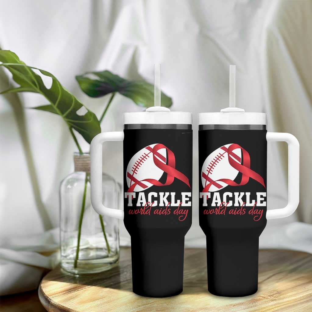 Tackle World AIDS Day Tumbler With Handle Red Ribbon Football Awareness Gift - Wonder Print Shop