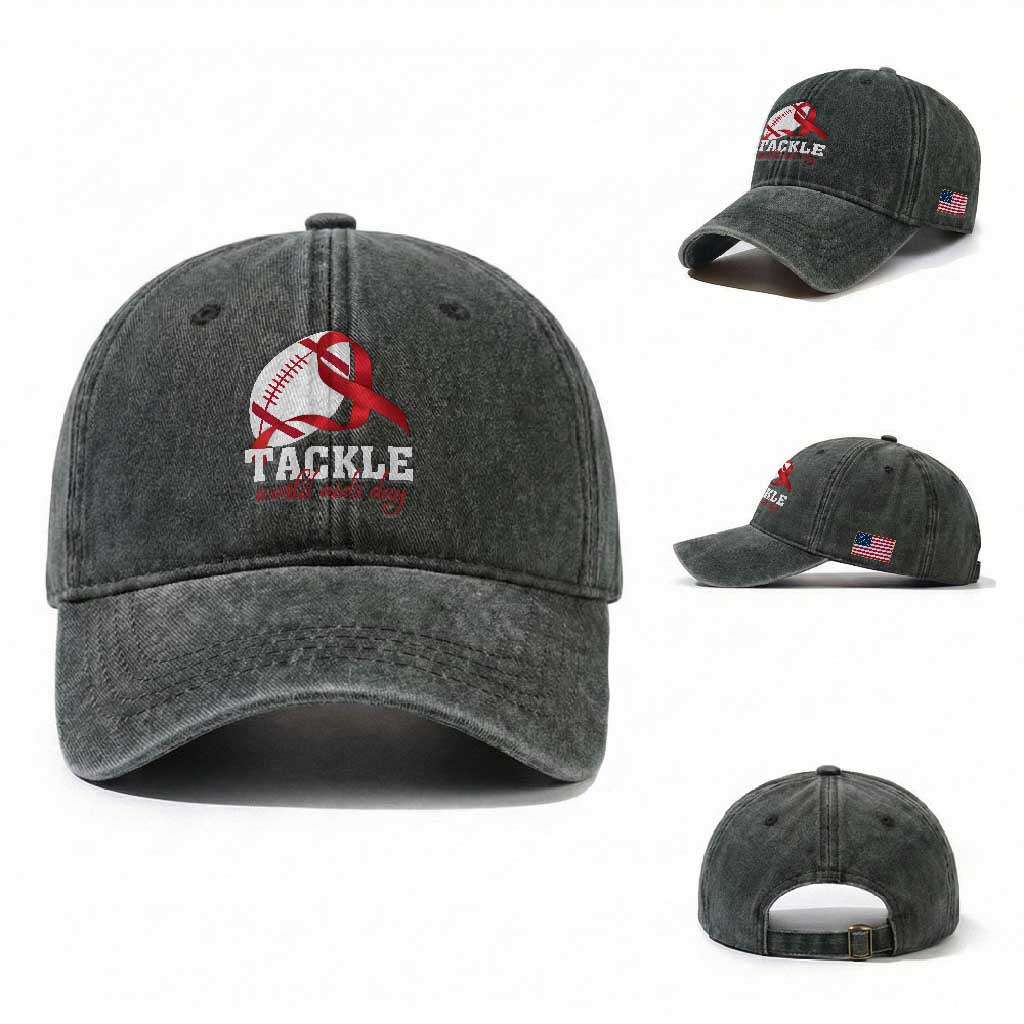 Tackle World AIDS Day Washed Cotton Baseball Cap Red Ribbon Football Awareness Gift