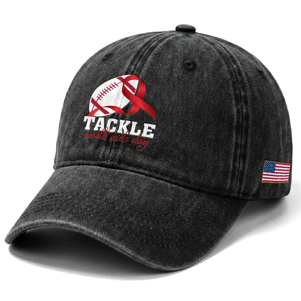 Tackle World AIDS Day Washed Cotton Baseball Cap Red Ribbon Football Awareness Gift