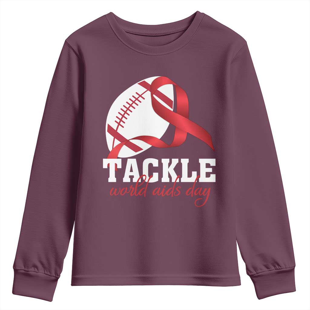 Tackle World AIDS Day Youth Sweatshirt Red Ribbon Football Awareness Gift - Wonder Print Shop