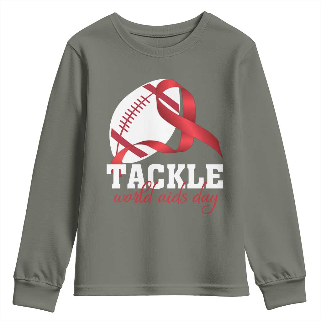 Tackle World AIDS Day Youth Sweatshirt Red Ribbon Football Awareness Gift - Wonder Print Shop