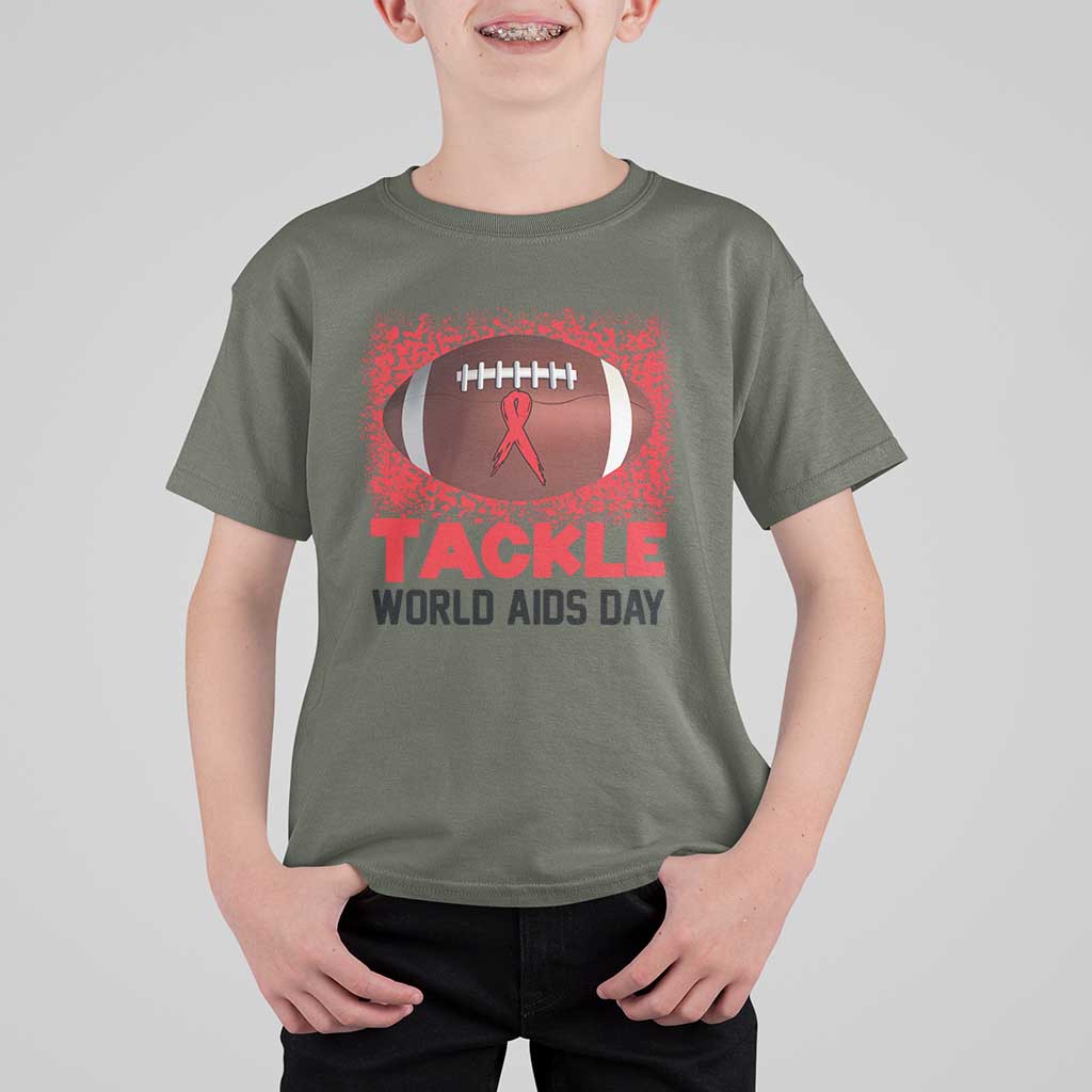 Tackle World AIDS Day T Shirt For Kid Football HIV Awareness Red Ribbon - Wonder Print Shop