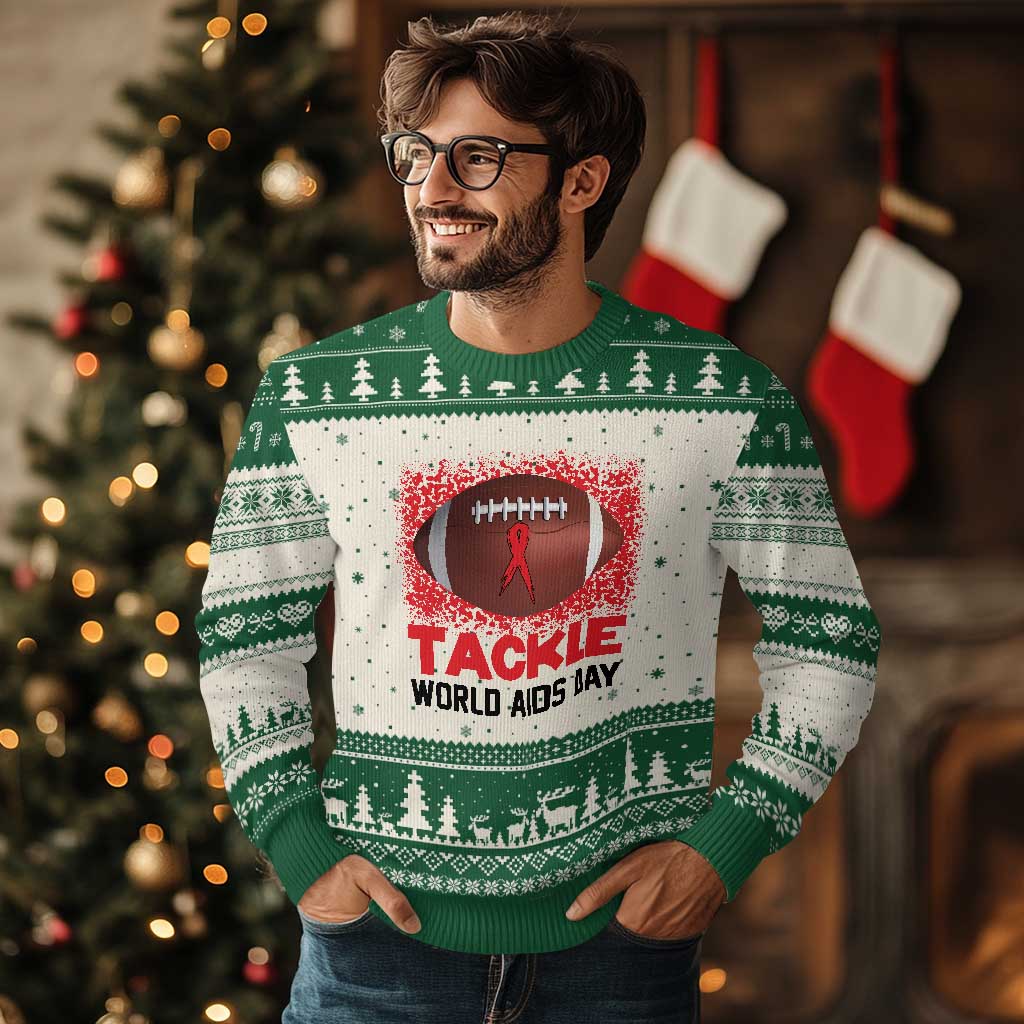 Tackle World AIDS Day Ugly Christmas Sweater Football HIV Awareness Red Ribbon - Wonder Print Shop