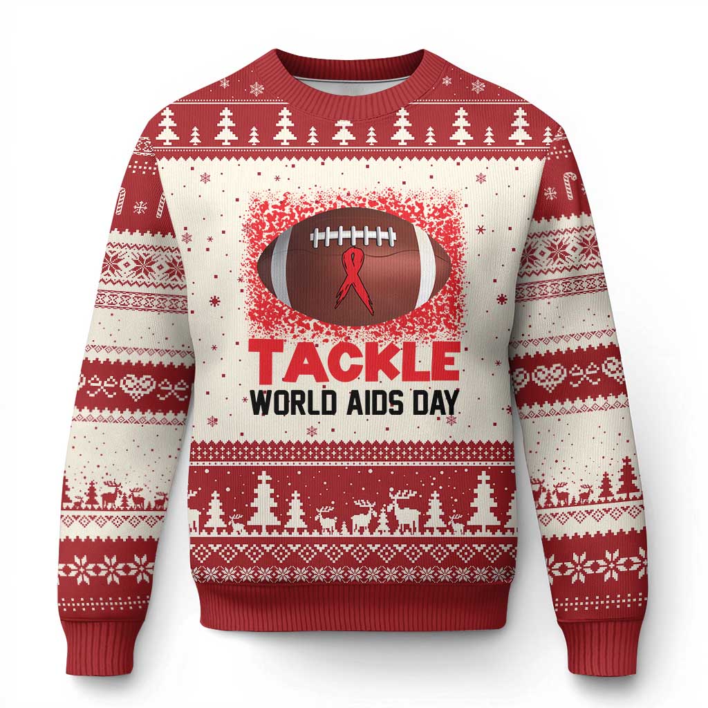 Tackle World AIDS Day Ugly Christmas Sweater Football HIV Awareness Red Ribbon - Wonder Print Shop