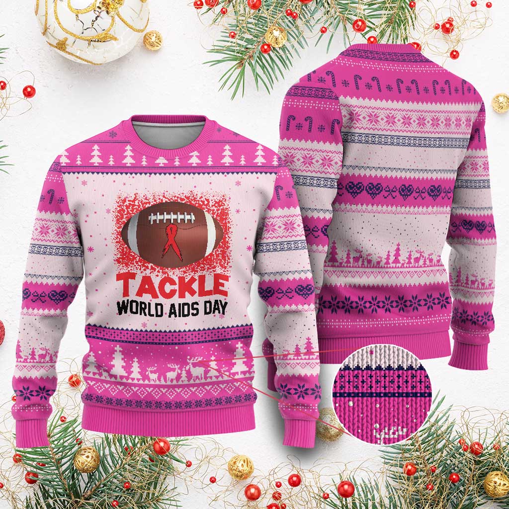 Tackle World AIDS Day Ugly Christmas Sweater Football HIV Awareness Red Ribbon - Wonder Print Shop
