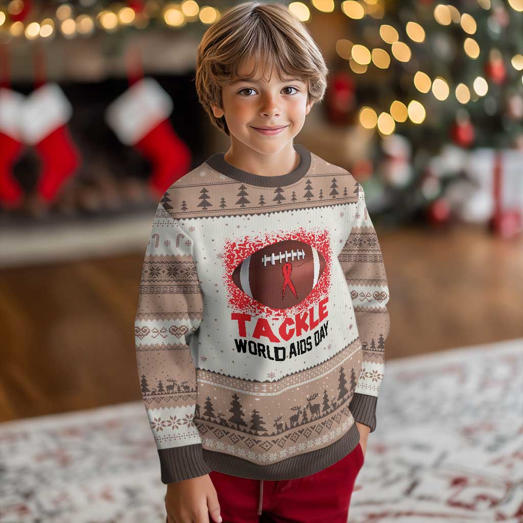 Tackle World AIDS Day Ugly Christmas Sweater Football HIV Awareness Red Ribbon - Wonder Print Shop
