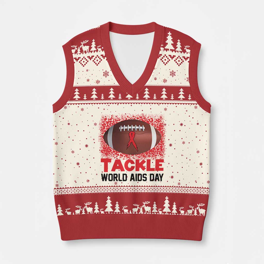 Tackle World AIDS Day V-Neck Knit Sweater Vest Football HIV Awareness Red Ribbon - Wonder Print Shop